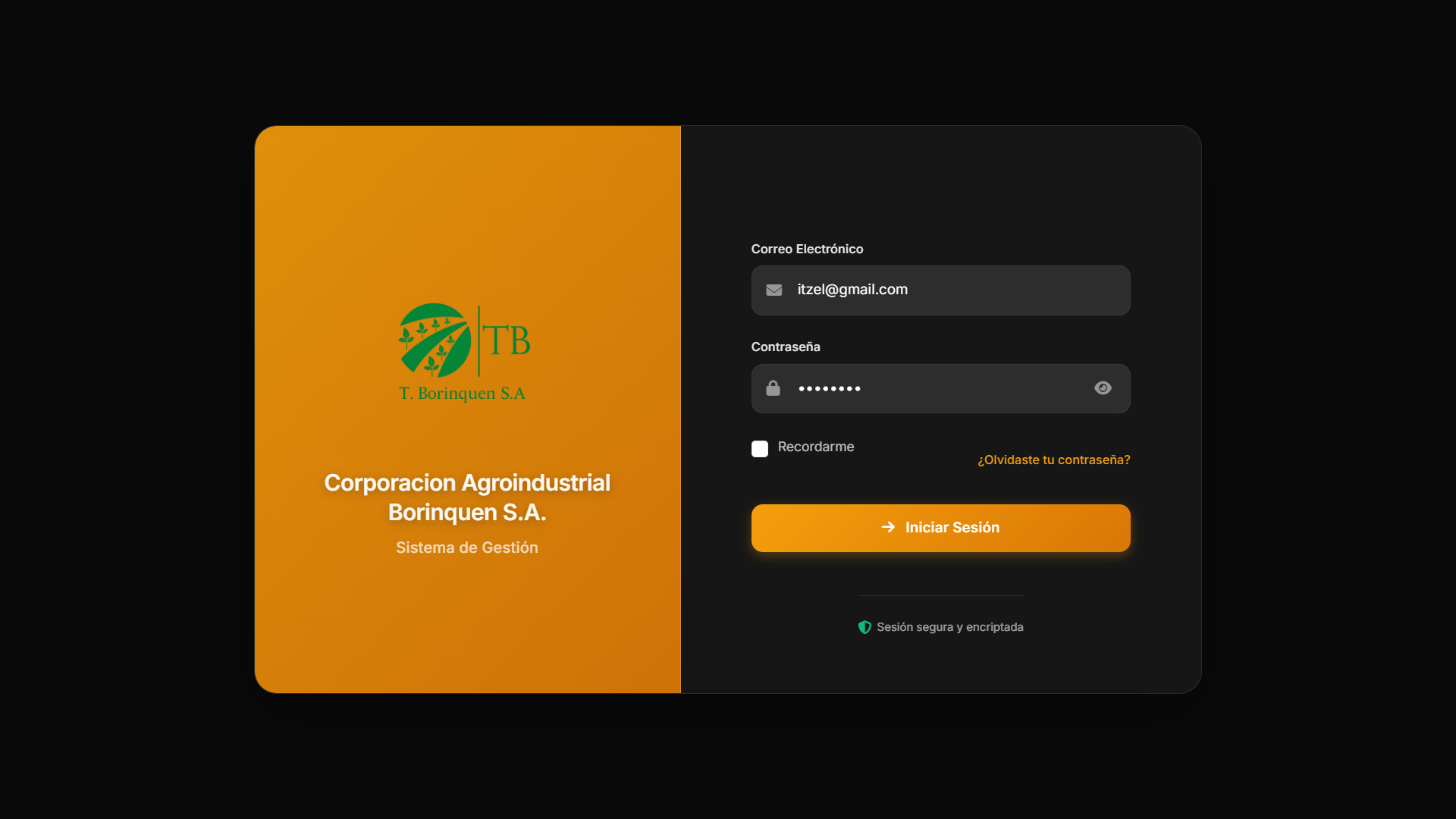 Pantalla de login del sistema