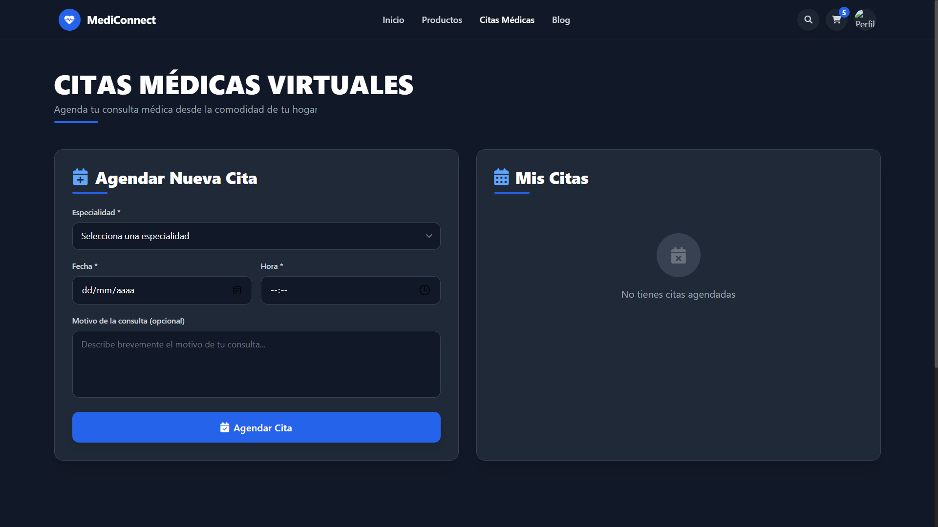 Página de gestión de citas médicas